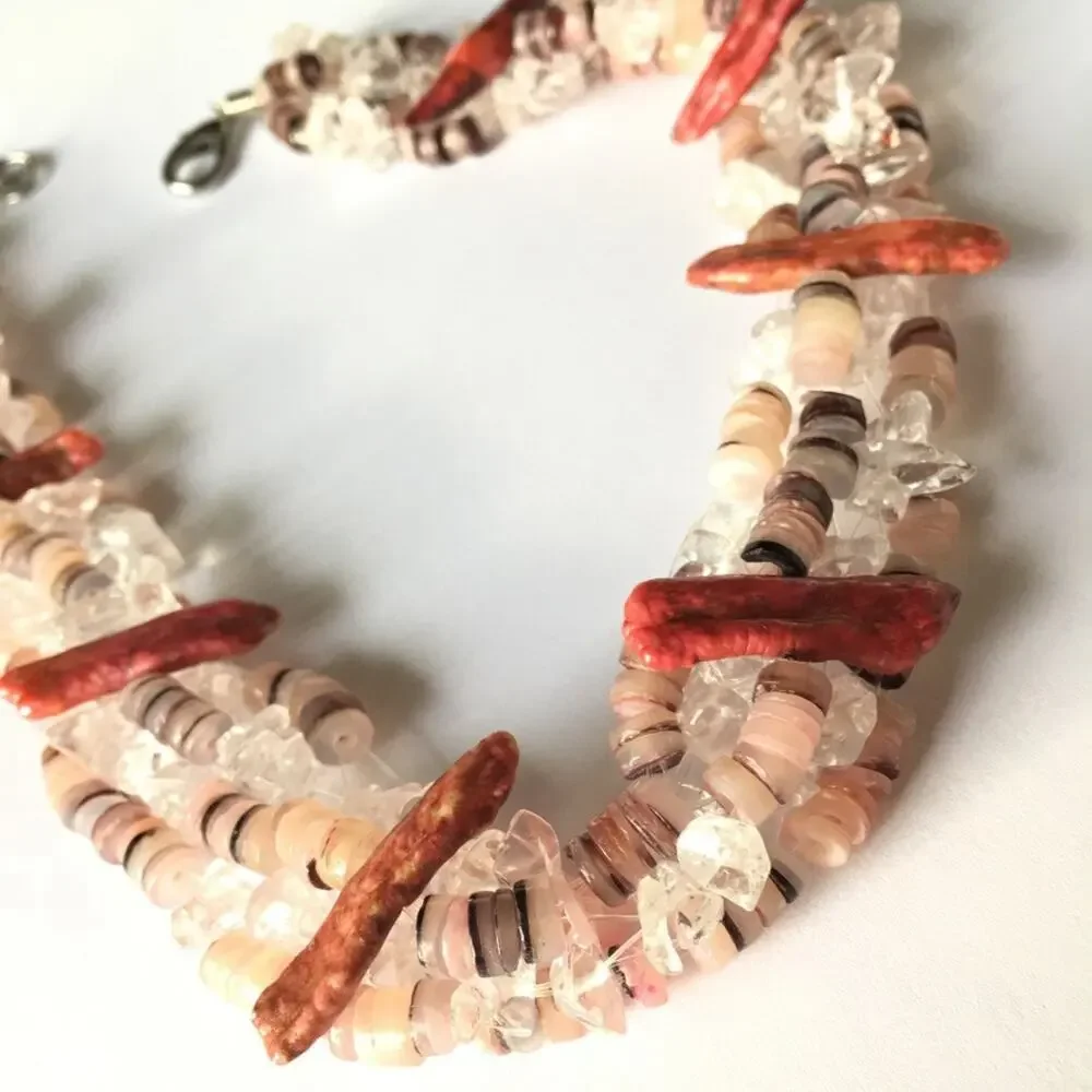 Unique natural materials pink and clear collar necklace